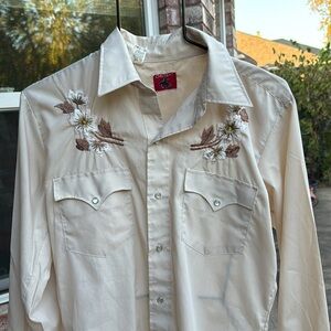 Vintage Chute Pearl Snap Shirt 15 1/2 34 Beige Western Embroidered Flowers